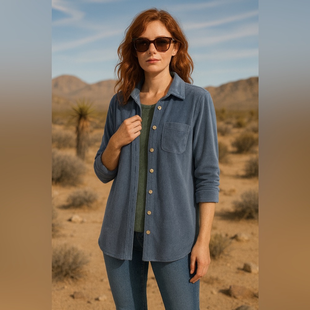 Soft Surroundings Velour Button Up Shirt Blue | Size Large | Cozy Luxe Top